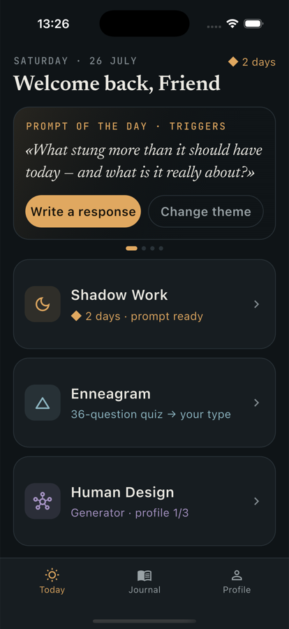 Atlanyas home screen with the prompt of the day